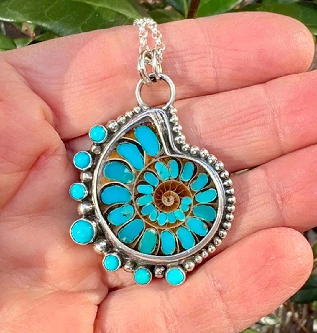 Ammonite Fossil Inlaid with Natural Turquoise, Sea Life Pendant, Turquoise Necklace