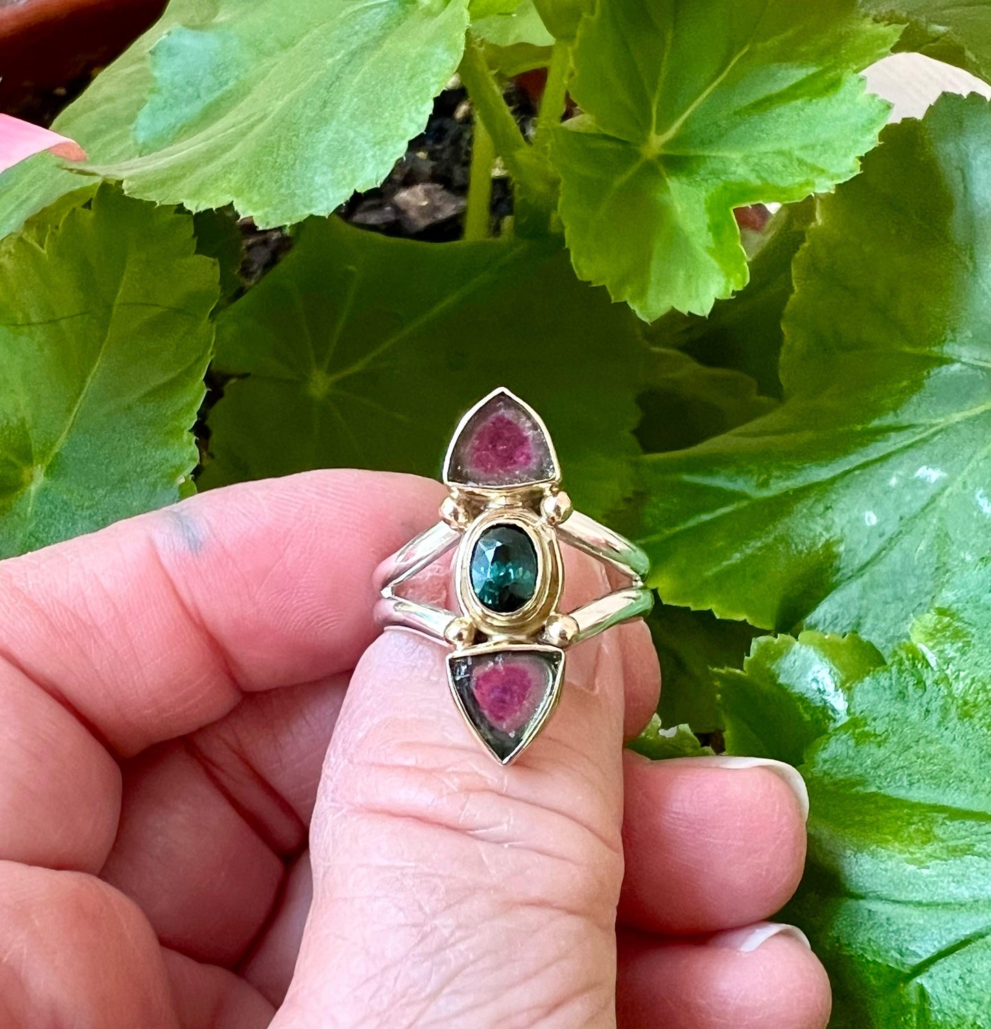 Watermelon Tourmaline Slice Ring, Gemstone Statement Ring in 14k and Sterling