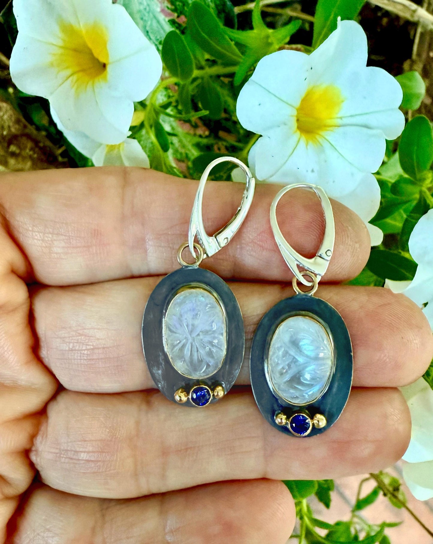 Rainbow Moonstone and Sapphire Earrings: 14k Gold & Oxidized Sterling Silver