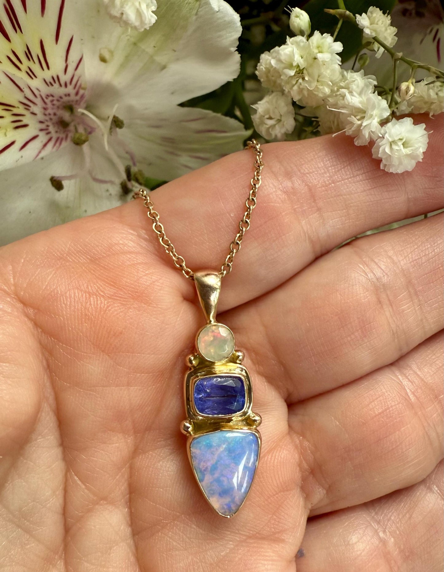Australian Opal Tanzanite Pendant: 14k Gold & Sterling Silver Necklace