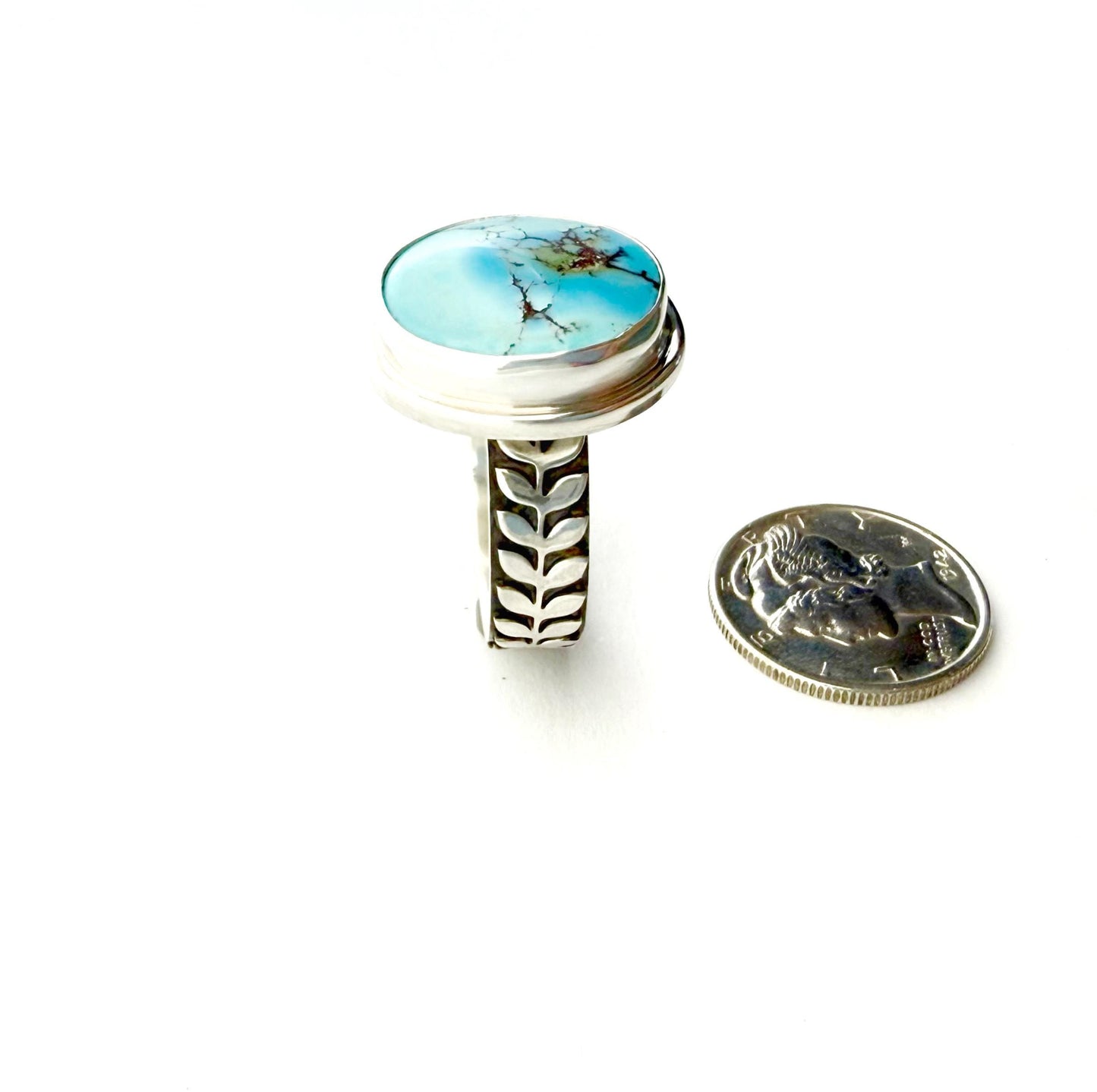 Golden Hills Turquoise Ring: Sterling Silver Leaf Band, Size 7.5