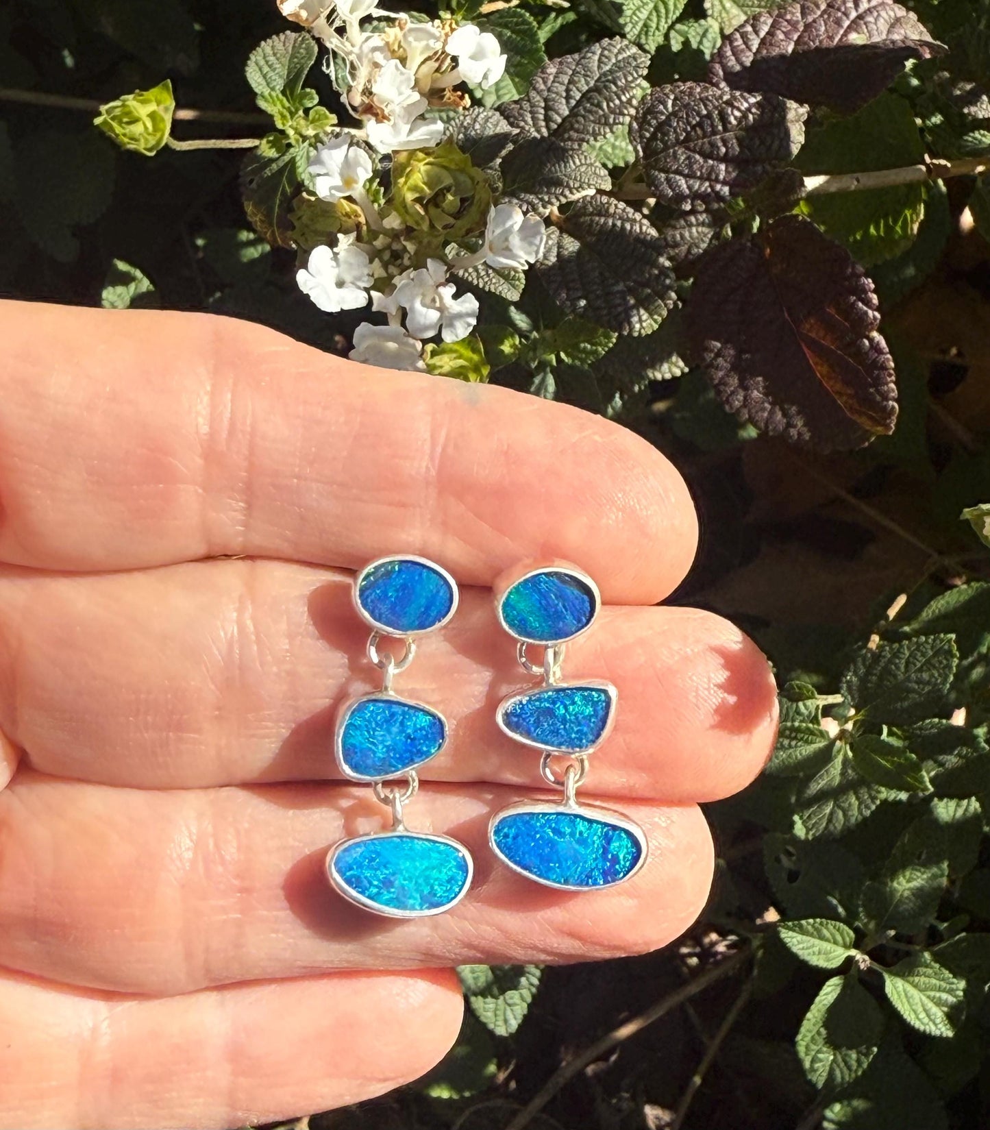 Australian Opal Earrings In Sterling Silver, Blue Stone Dangle Earrings