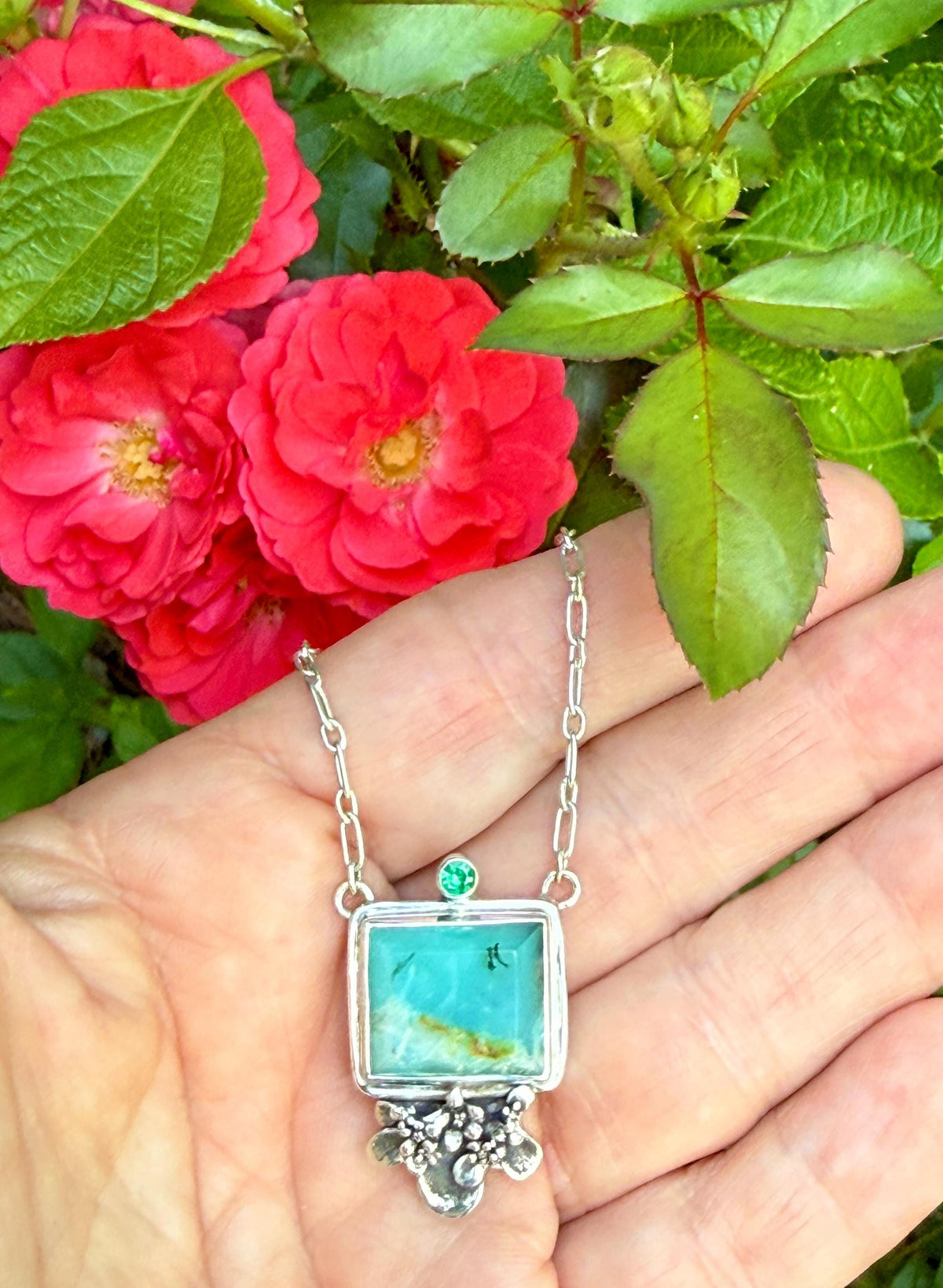 Peruvian Opal square necklace with Emerald in sterling silver