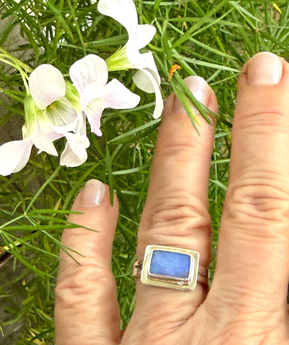 Australian Opal Rectangle Ring in sterling silver, October birthstone ring