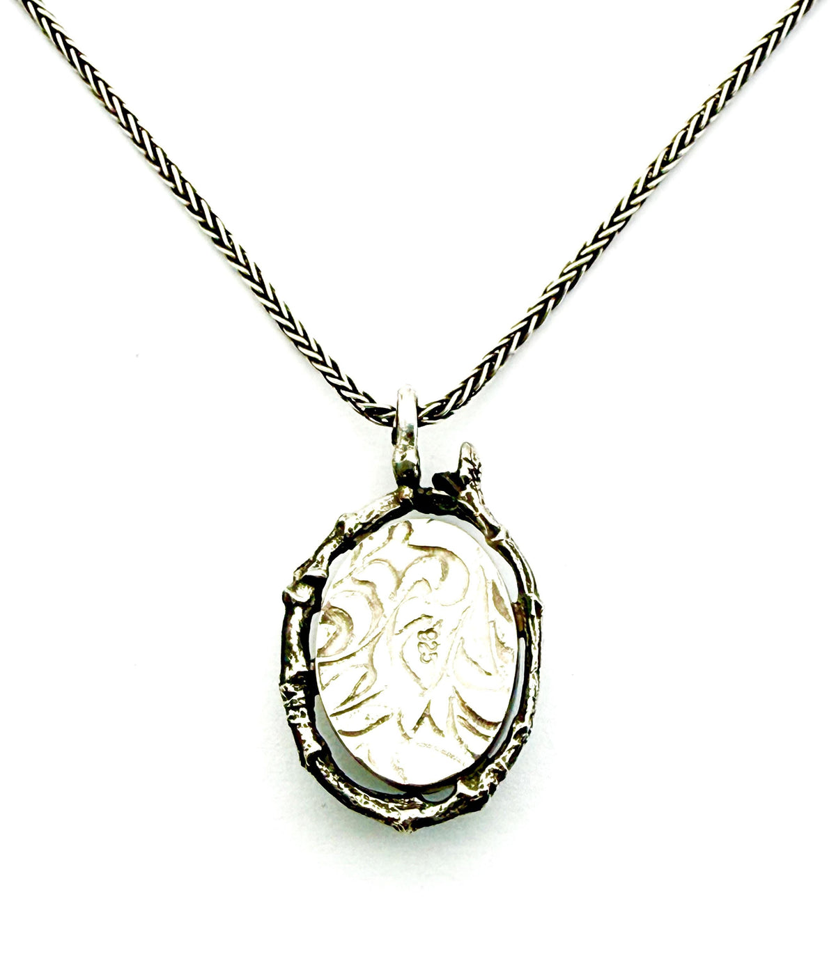 Peruvian Opal Pendant with Twig Border in Sterling Silver
