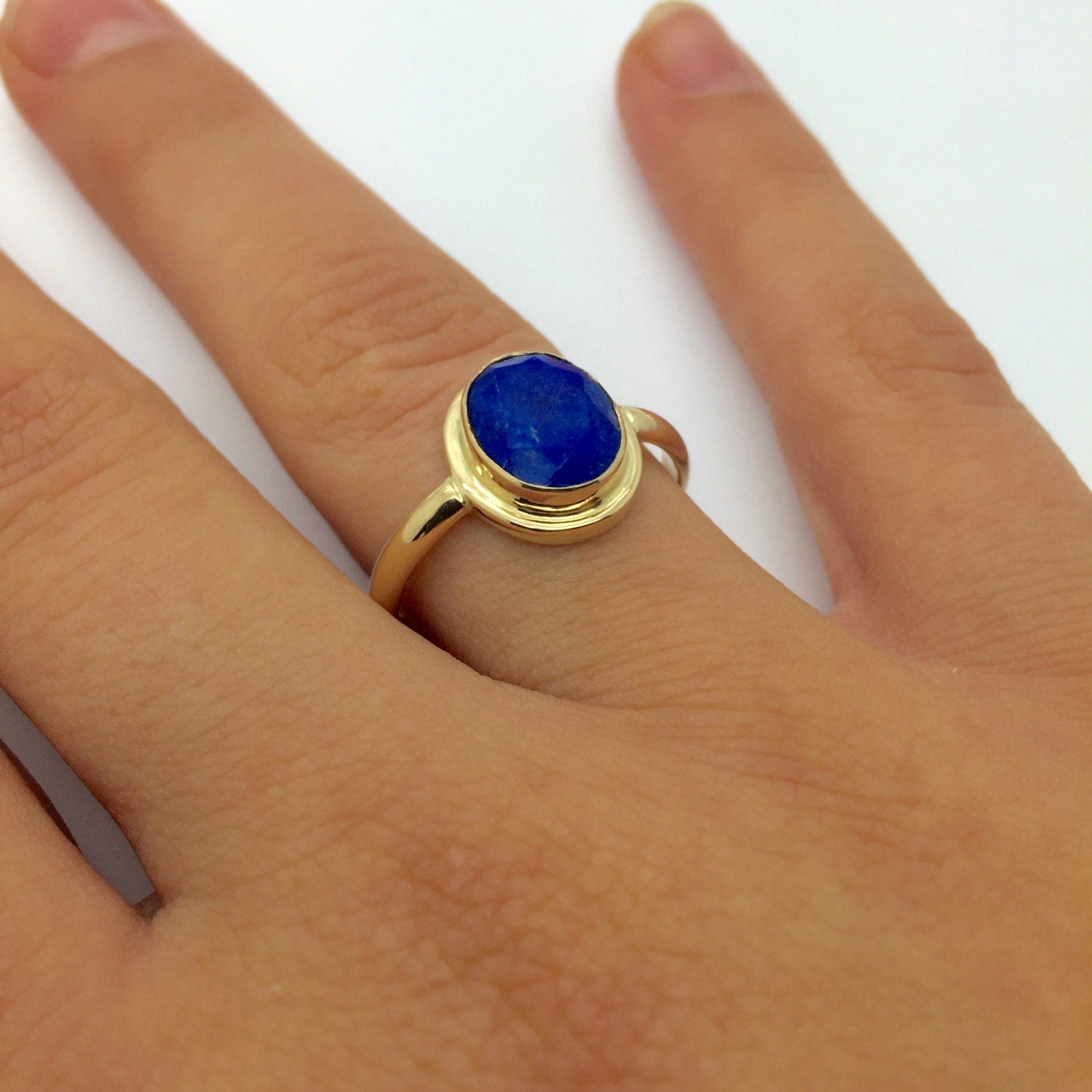 14K Gold Ring Lapis Faceted Natural Blue Lapis Handmade Ring