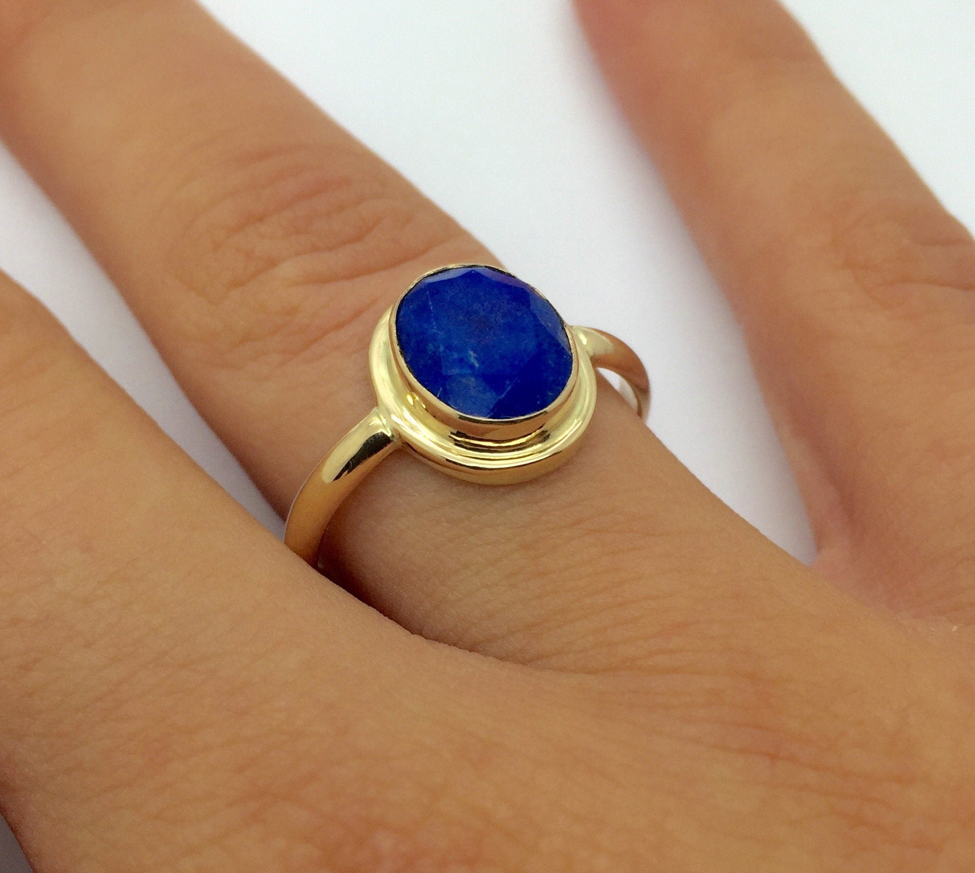 14K Gold Ring Lapis Faceted Natural Blue Lapis Handmade Ring
