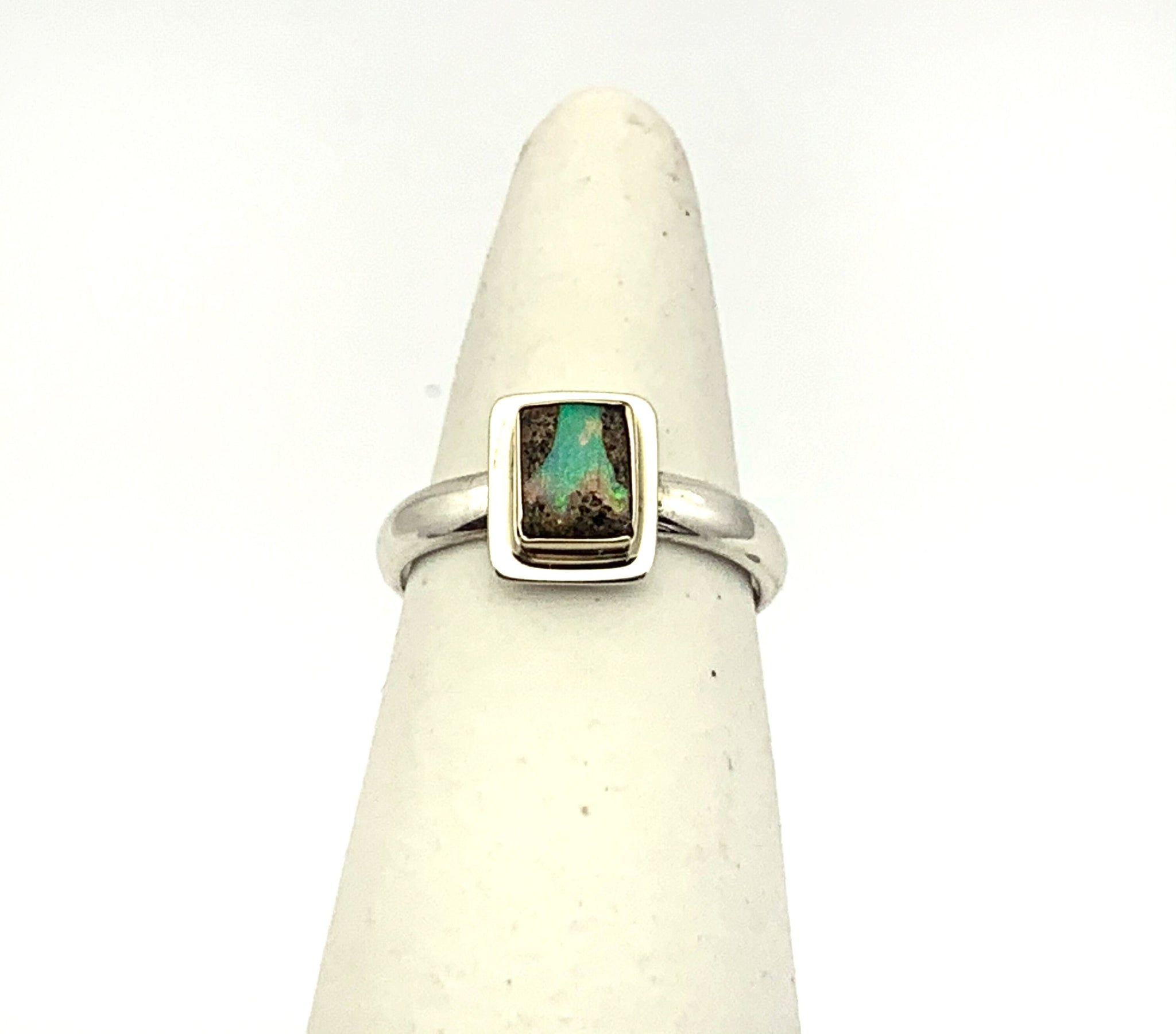 Australian Opal Ring in Silver and Gold, Pipe Opal Ring, October Birthstone Gift, Opal Statement Ring