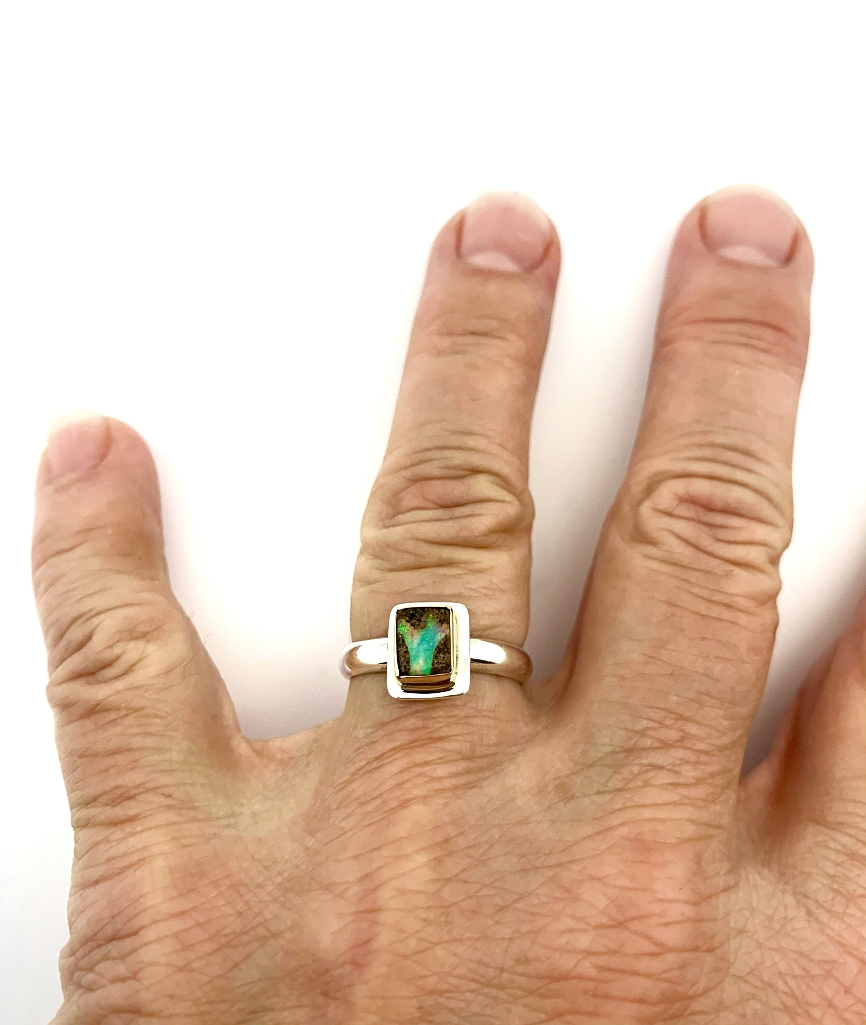 Australian Opal Ring in Silver and Gold, Pipe Opal Ring, October Birthstone Gift, Opal Statement Ring