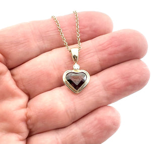 Garnet Heart Pendant with White Diamond in 14k Gold, Gemstone Heart Necklace in Solid Gold