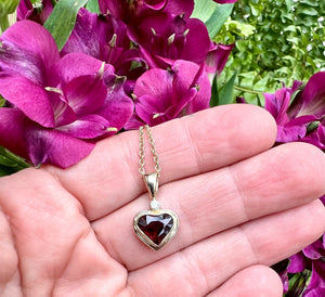 Garnet Heart Pendant with White Diamond in 14k Gold, Gemstone Heart Necklace in Solid Gold