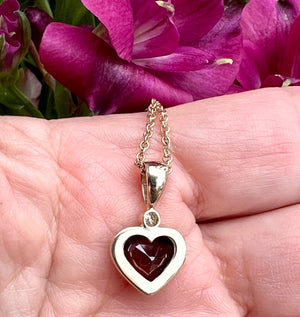 Garnet Heart Pendant with White Diamond in 14k Gold, Gemstone Heart Necklace in Solid Gold