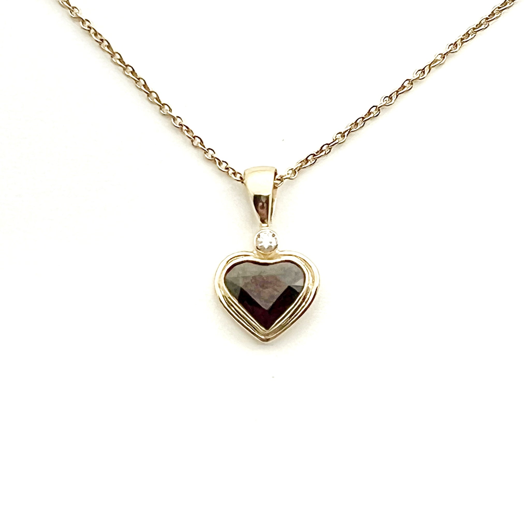 Garnet Heart Pendant with White Diamond in 14k Gold, Gemstone Heart Necklace in Solid Gold