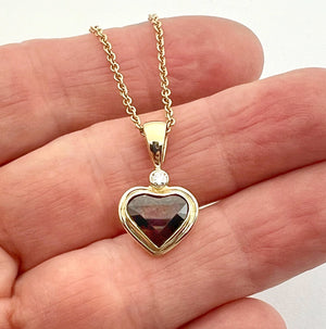 Garnet Heart Pendant with White Diamond in 14k Gold, Gemstone Heart Necklace in Solid Gold