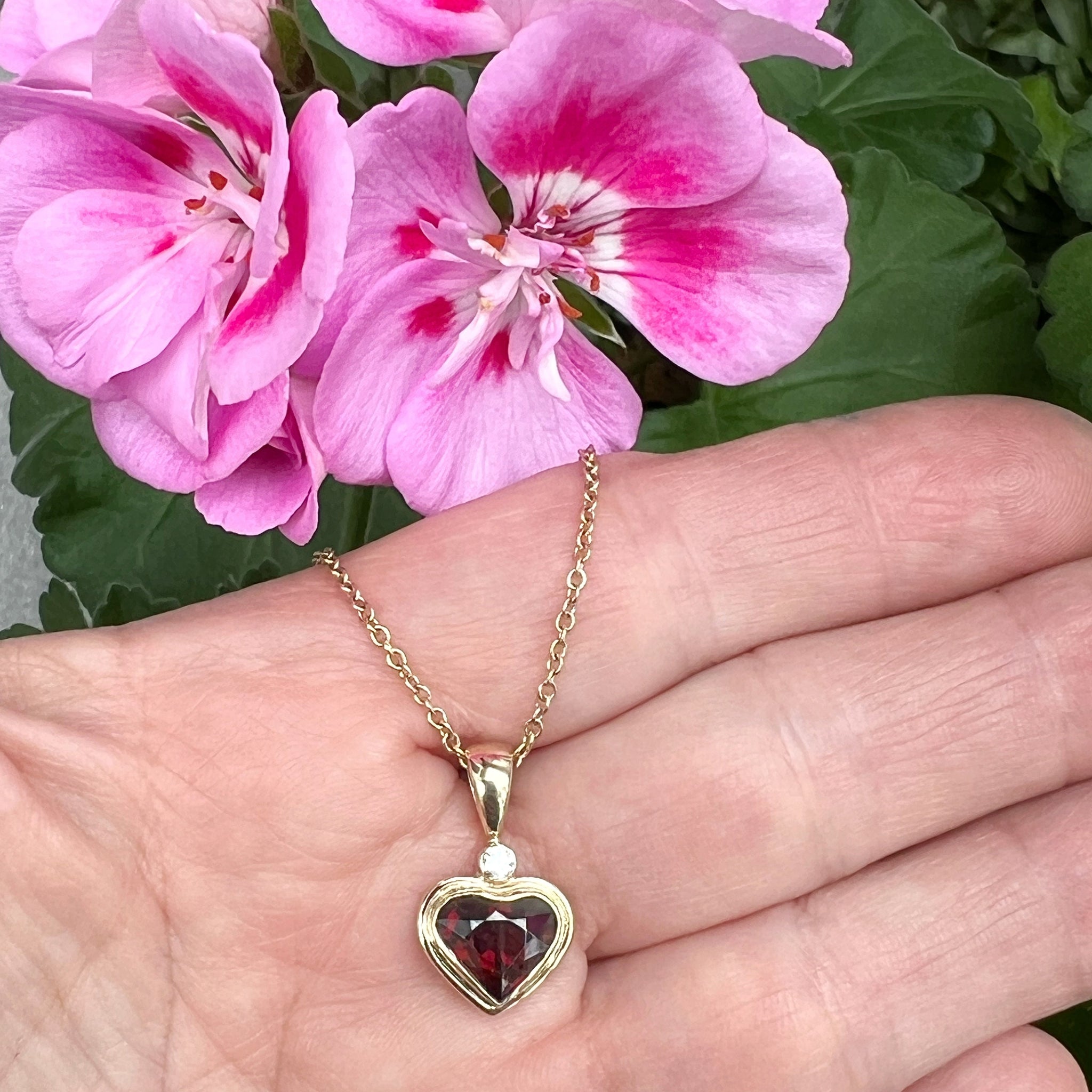 Garnet Heart Pendant with White Diamond in 14k Gold, Gemstone Heart Necklace in Solid Gold