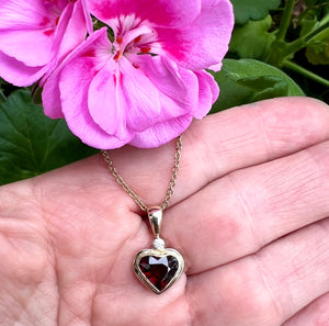 Garnet Heart Pendant with White Diamond in 14k Gold, Gemstone Heart Necklace in Solid Gold