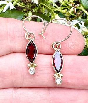 Garnet Marquis and White Topaz Earrings in 14k Gold, Red Gemstone Earrings, January Birthstone Jewelry