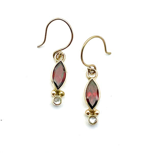 Garnet Marquis and White Topaz Earrings in 14k Gold, Red Gemstone Earrings, January Birthstone Jewelry