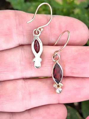 Garnet Marquis and White Topaz Earrings in 14k Gold, Red Gemstone Earrings, January Birthstone Jewelry