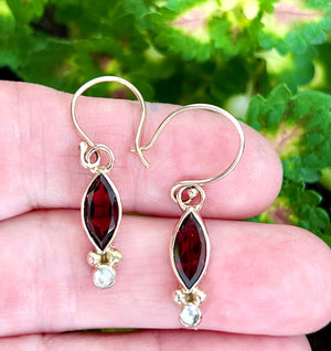 Garnet Marquis and White Topaz Earrings in 14k Gold, Red Gemstone Earrings, January Birthstone Jewelry