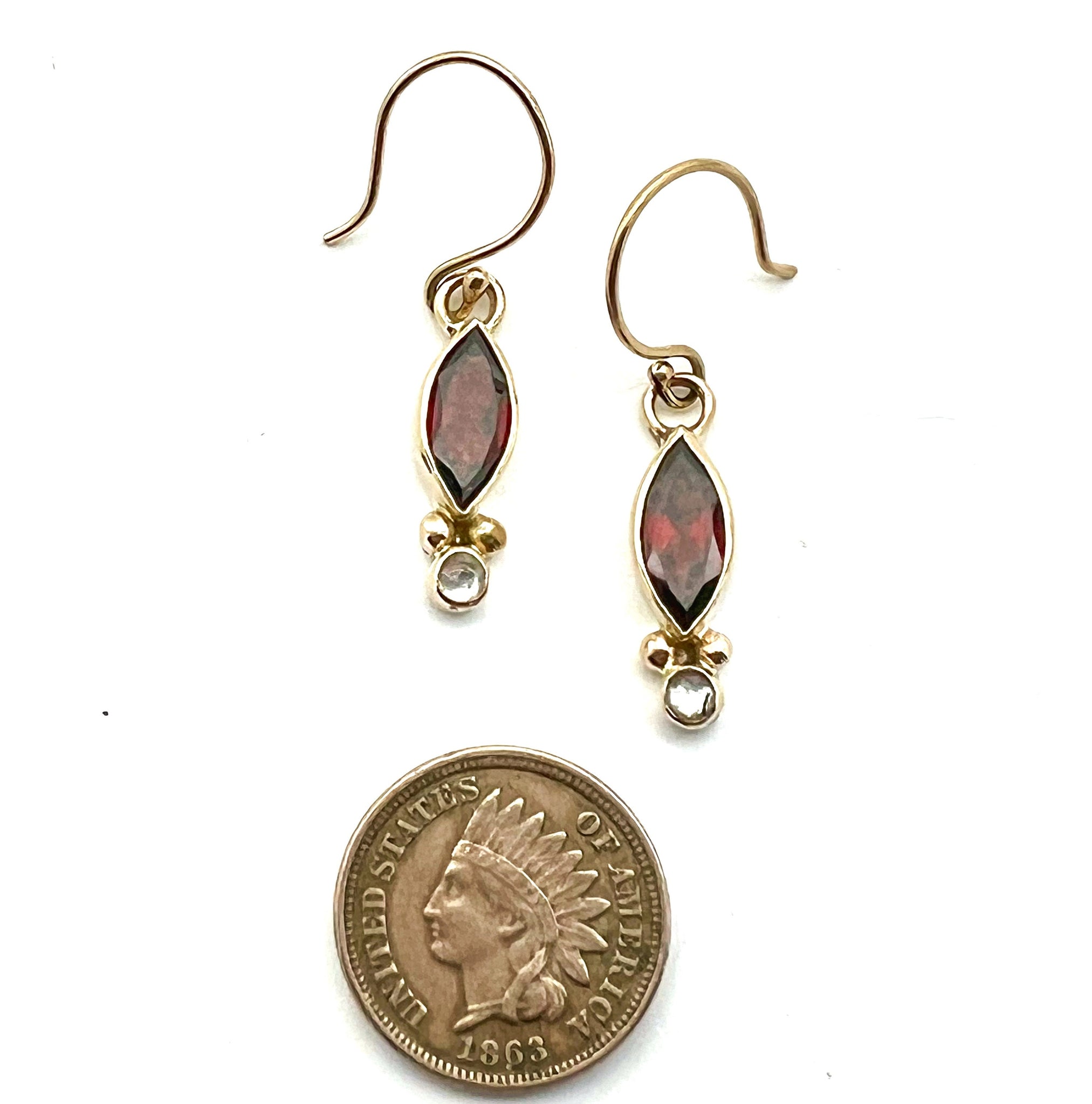 Garnet Marquis and White Topaz Earrings in 14k Gold, Red Gemstone Earrings, January Birthstone Jewelry