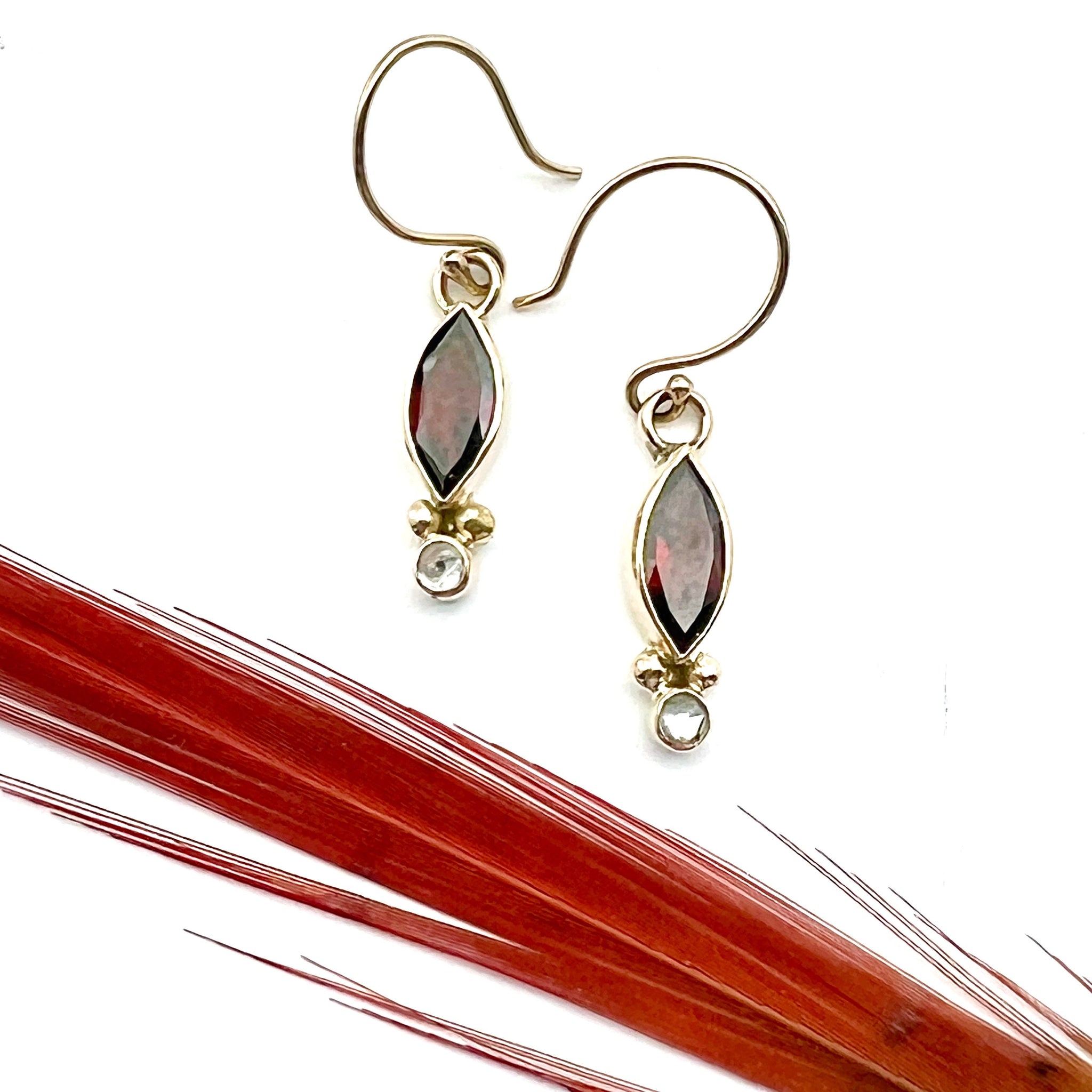 Garnet Marquis and White Topaz Earrings in 14k Gold, Red Gemstone Earrings, January Birthstone Jewelry