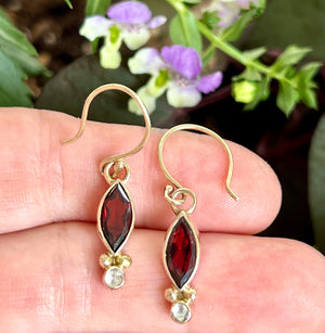 Garnet Marquis and White Topaz Earrings in 14k Gold, Red Gemstone Earrings, January Birthstone Jewelry