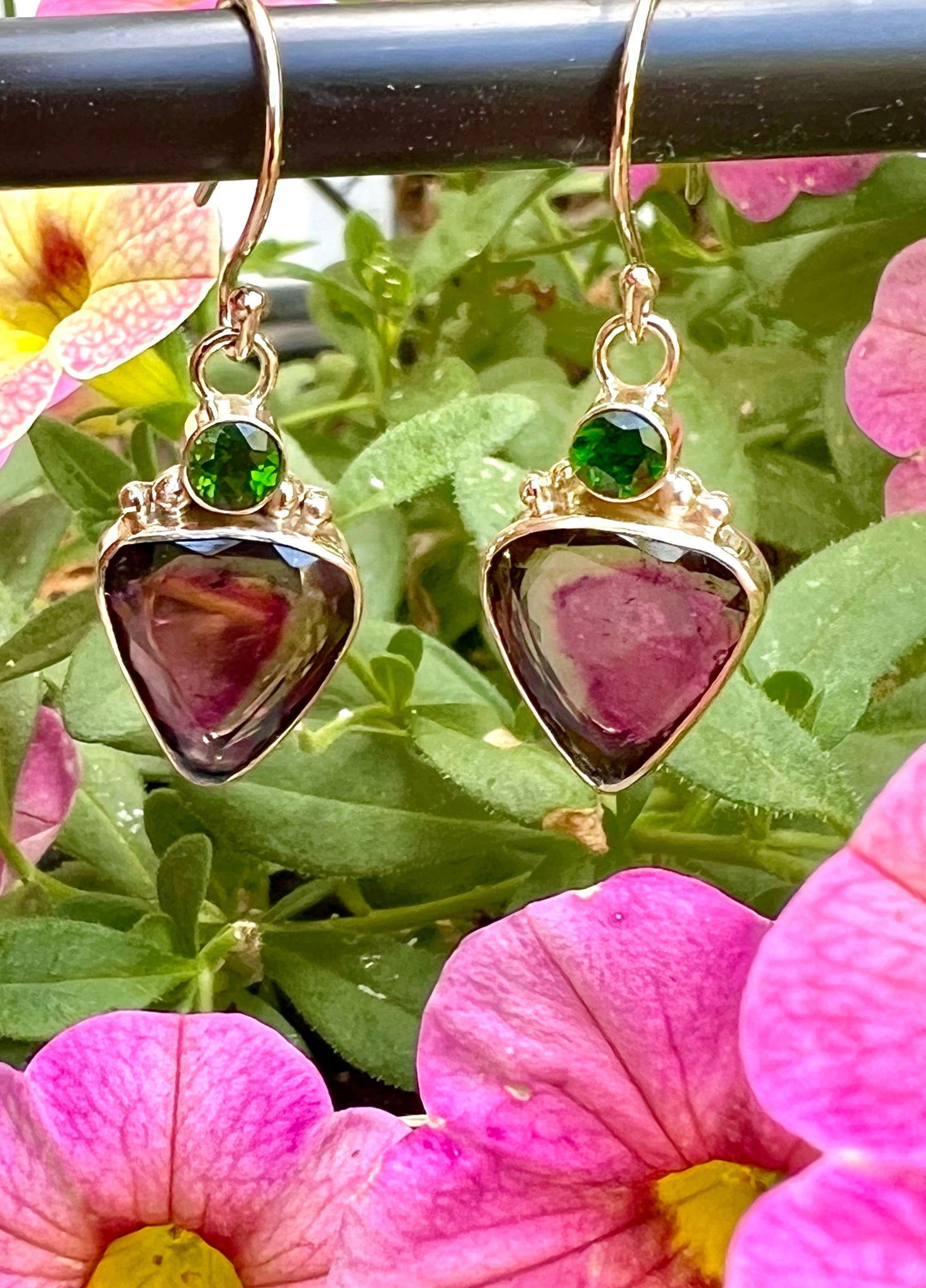 Watermelon Tourmaline and Chrome Diopside Earrings in 14k Gold and Sterling Silver