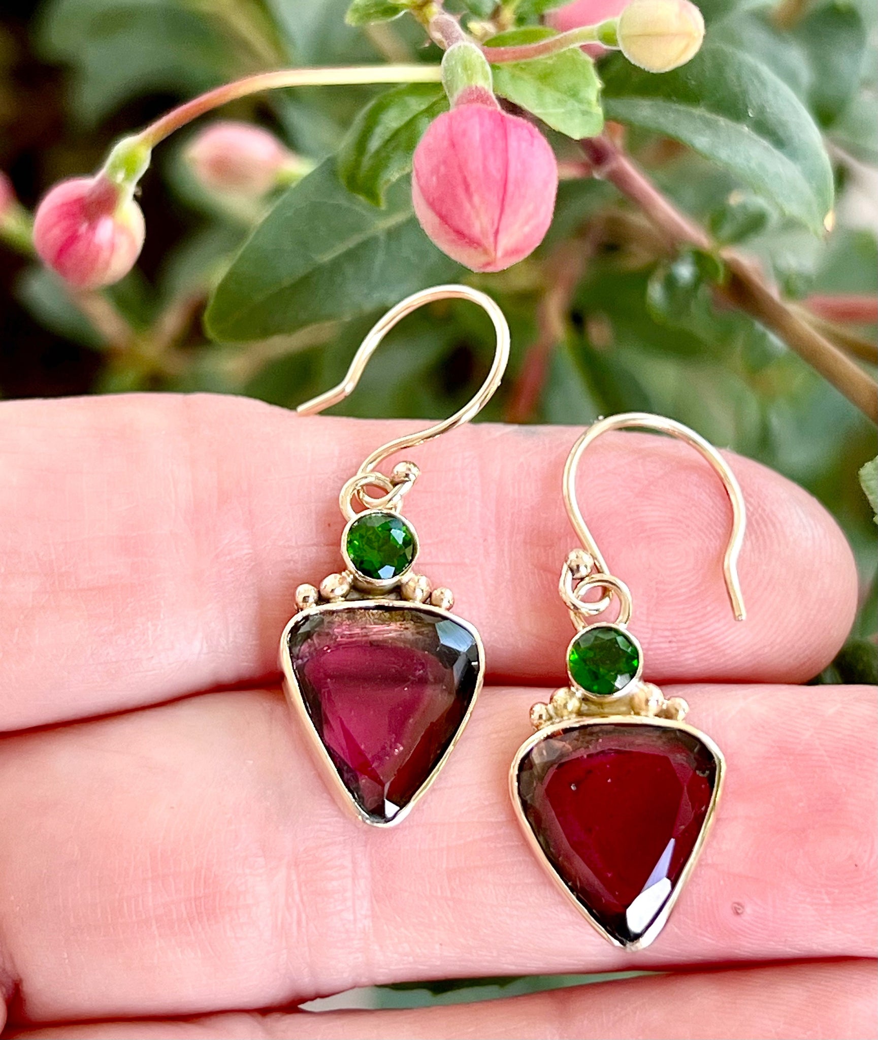 Watermelon Tourmaline and Chrome Diopside Earrings in 14k Gold and Sterling Silver