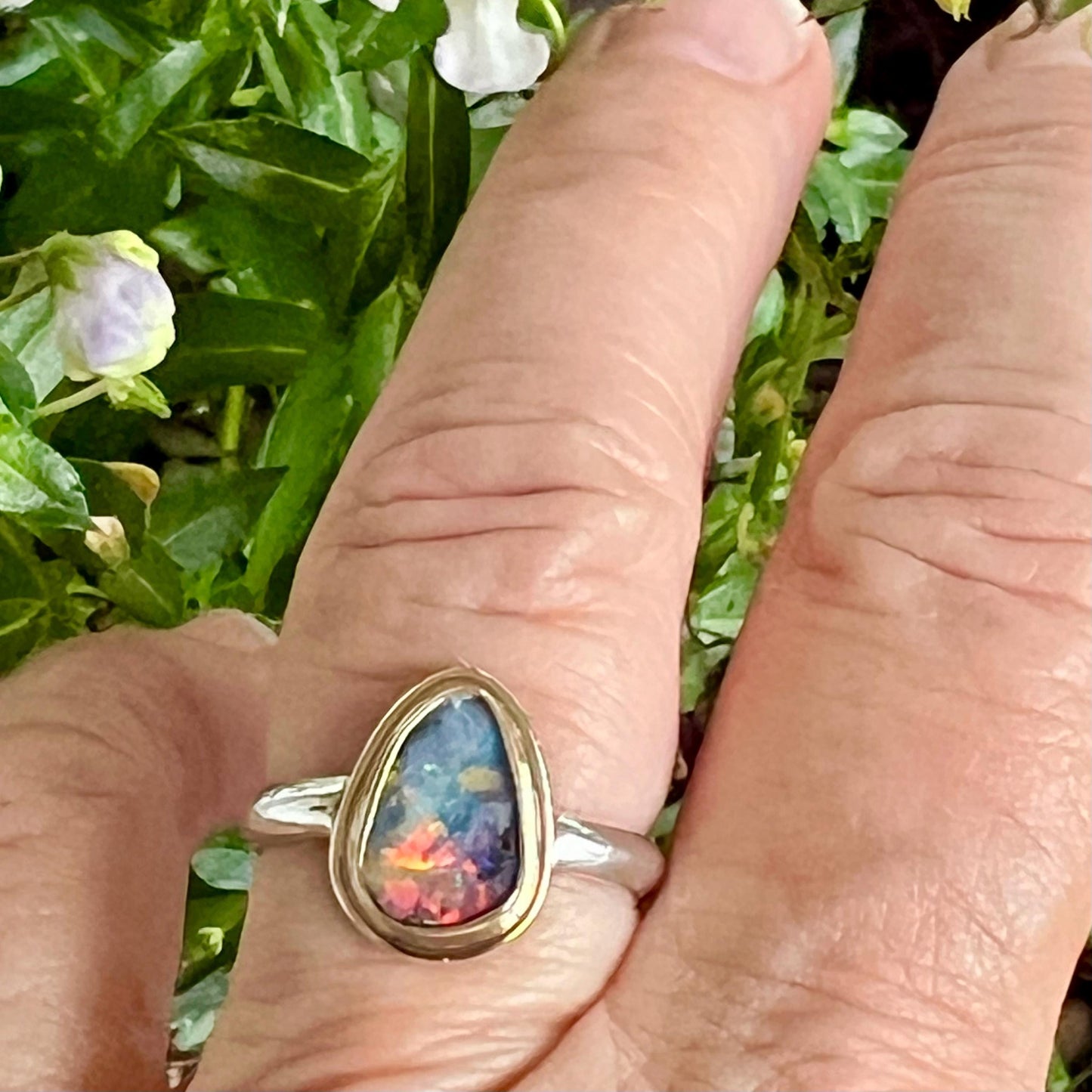 Australian Opal Ring with Solid Multi Color Opal in 14k Gold and Sterling Silver
