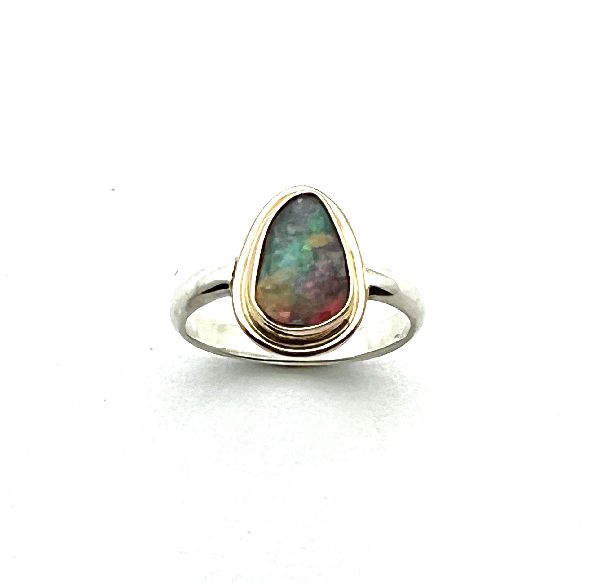 Australian Opal Ring with Solid Multi Color Opal in 14k Gold and Sterling Silver
