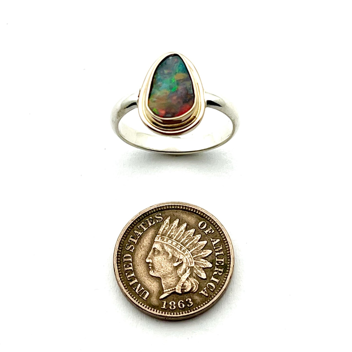 Australian Opal Ring with Solid Multi Color Opal in 14k Gold and Sterling Silver