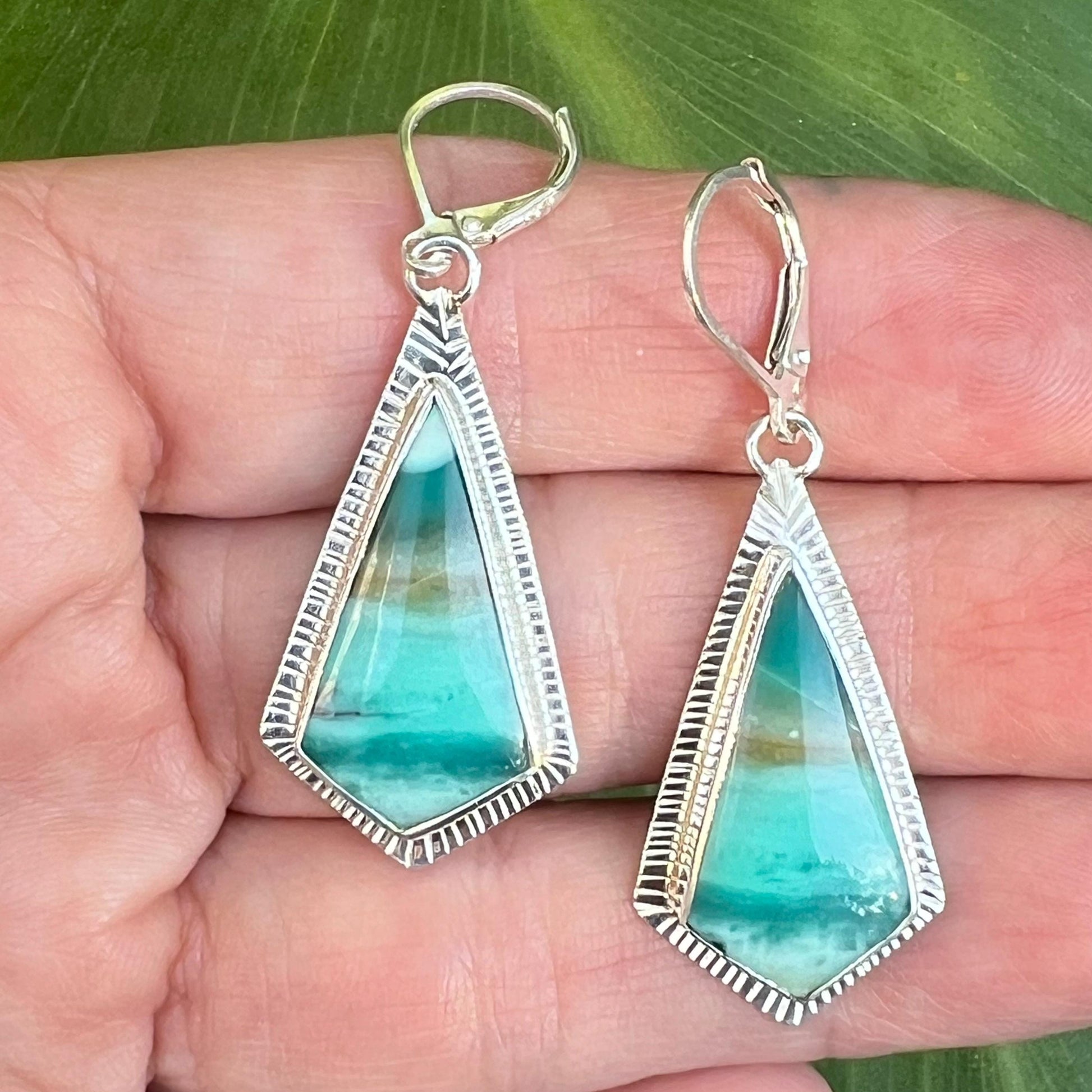 Indonesian Opal Earrings in Textured Sterling Silver, Blue Stone Earrings, Boho Jewelry