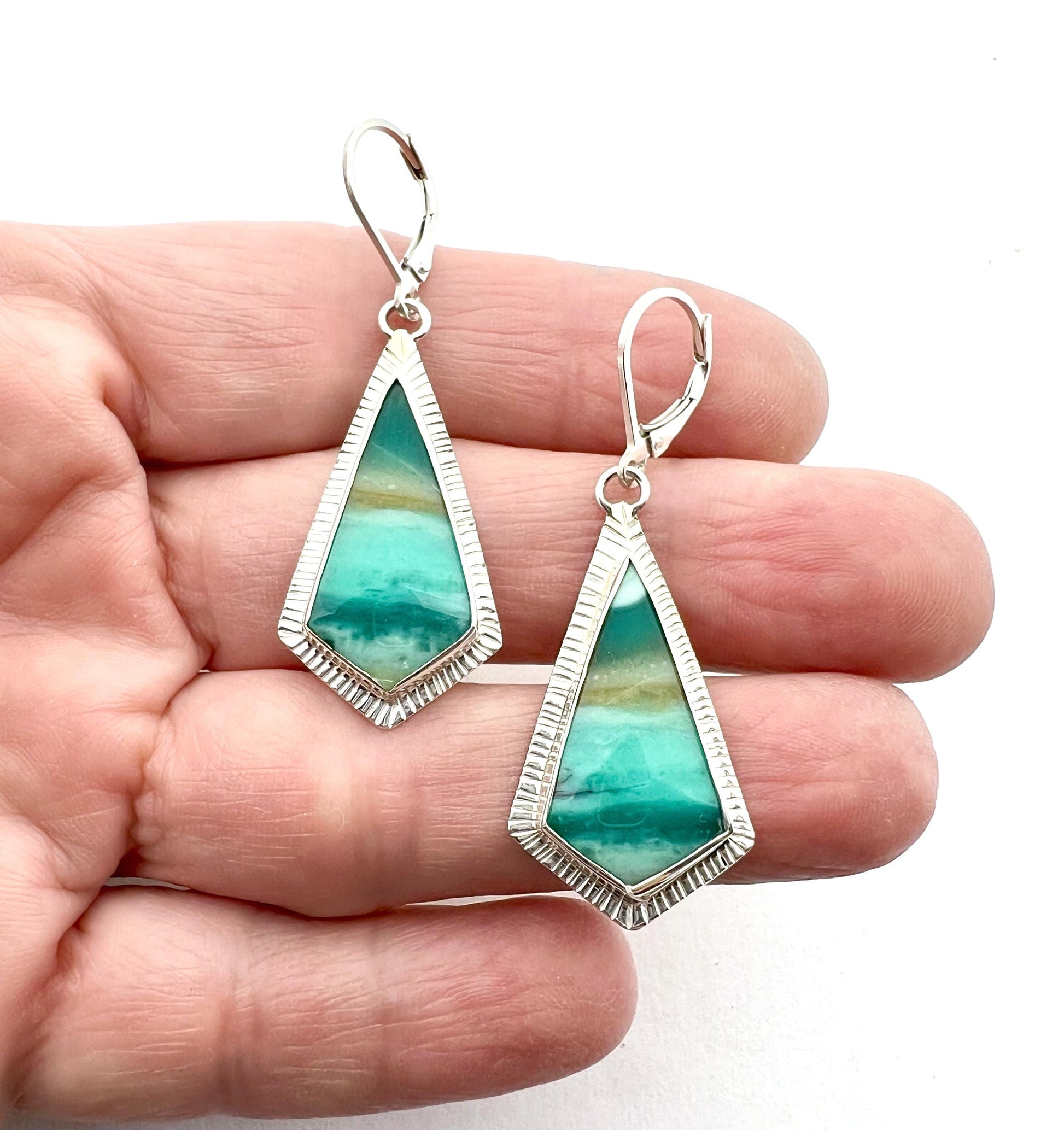 Indonesian Opal Earrings in Textured Sterling Silver, Blue Stone Earrings, Boho Jewelry