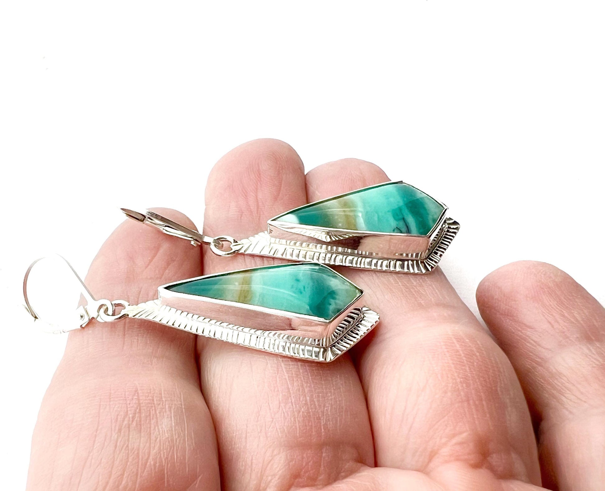 Indonesian Opal Earrings in Textured Sterling Silver, Blue Stone Earrings, Boho Jewelry