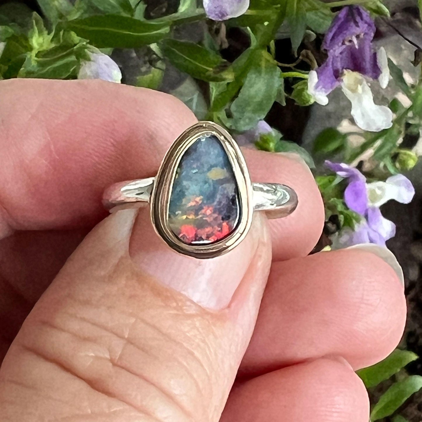 Australian Opal Ring with Solid Multi Color Opal in 14k Gold and Sterling Silver