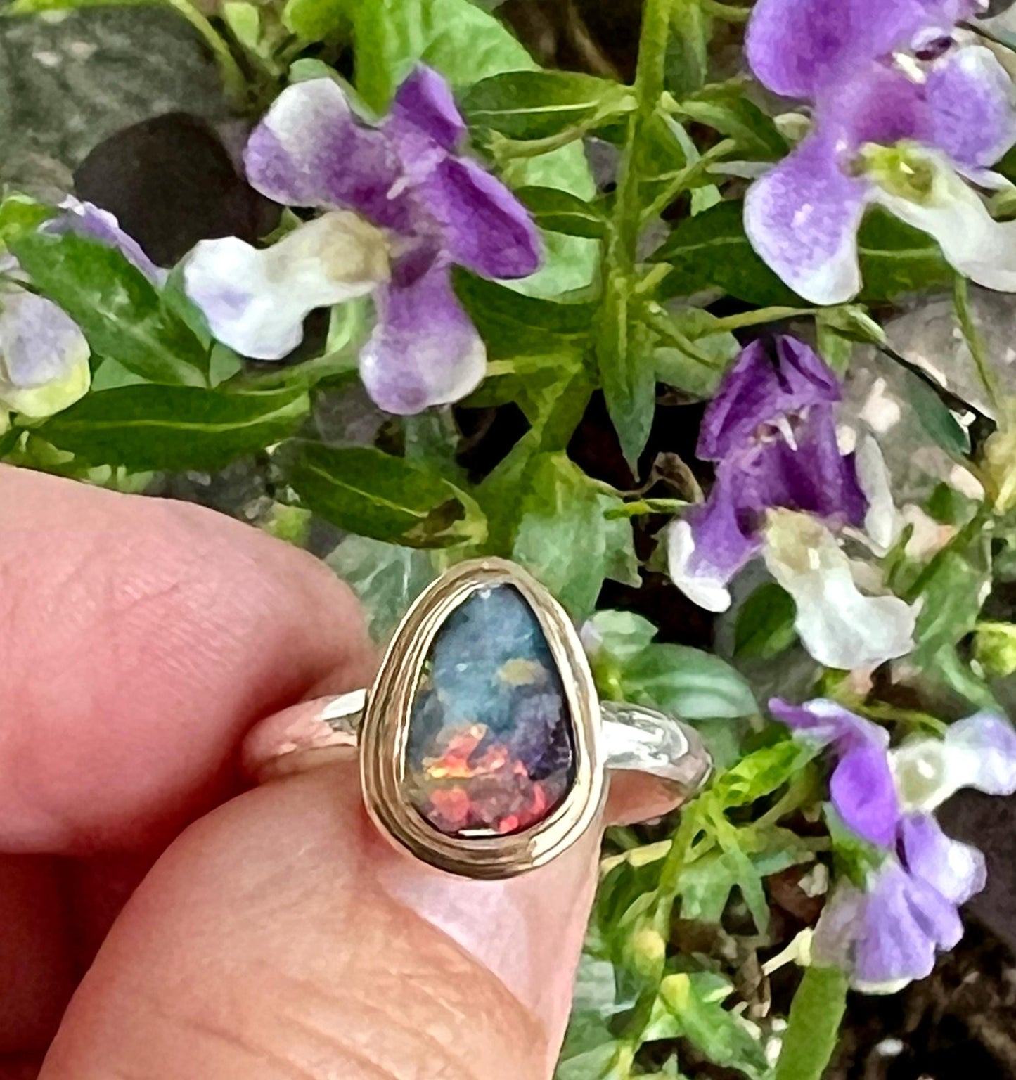 Australian Opal Ring with Solid Multi Color Opal in 14k Gold and Sterling Silver