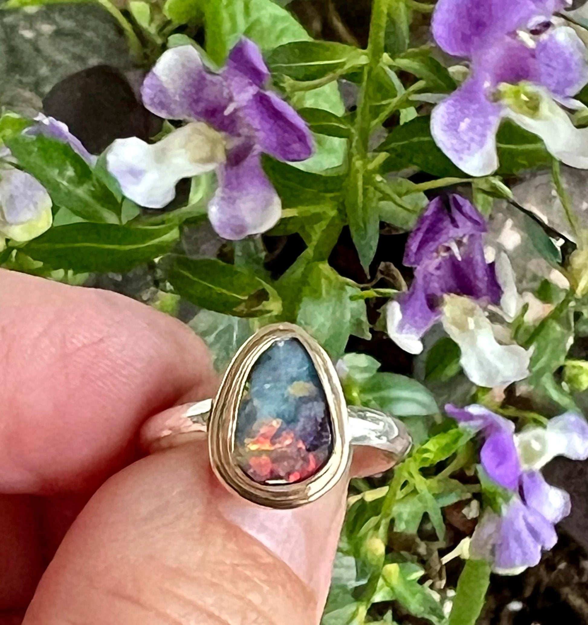 Australian Opal Ring with Solid Multi Color Opal in 14k Gold and Sterling Silver