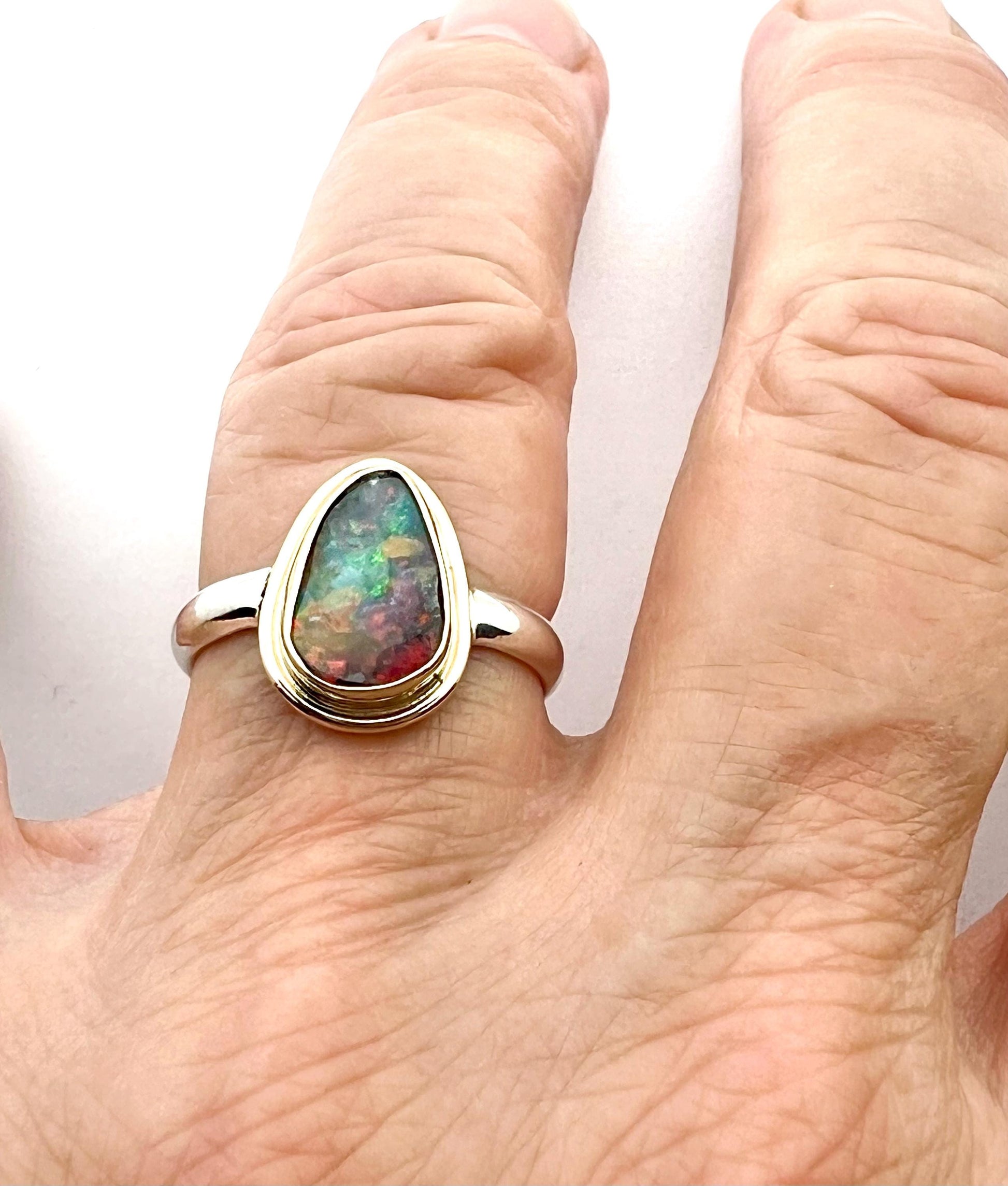 Australian Opal Ring with Solid Multi Color Opal in 14k Gold and Sterling Silver