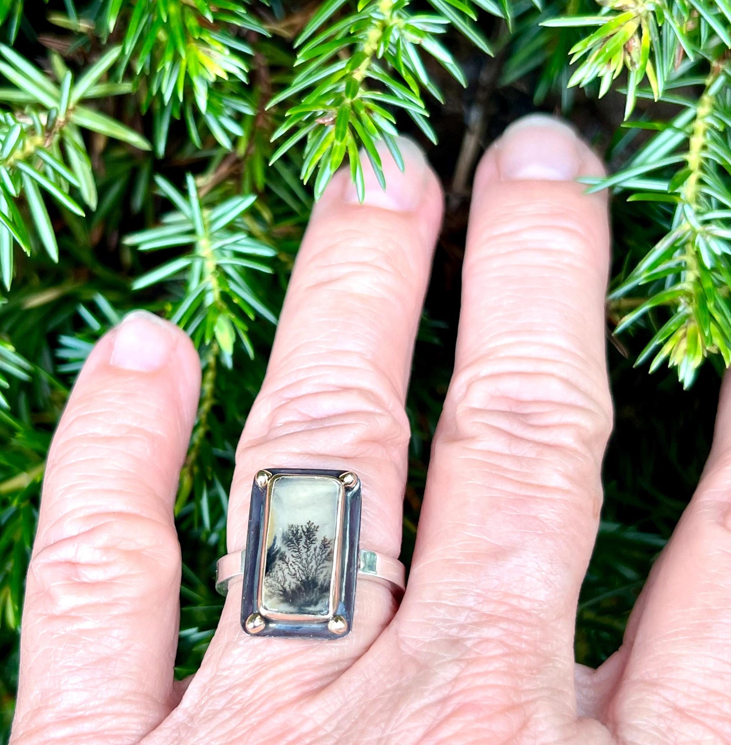 Dendritic Agate Set in 14k Gold with 14k Gold Accents and Sterling Band, OOAK Gemstone Statement ring, Scenic Stone Ring
