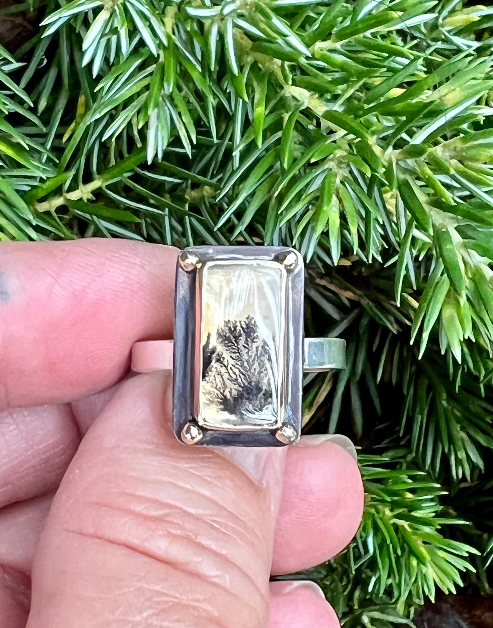 Dendritic Agate Set in 14k Gold with 14k Gold Accents and Sterling Band, OOAK Gemstone Statement ring, Scenic Stone Ring