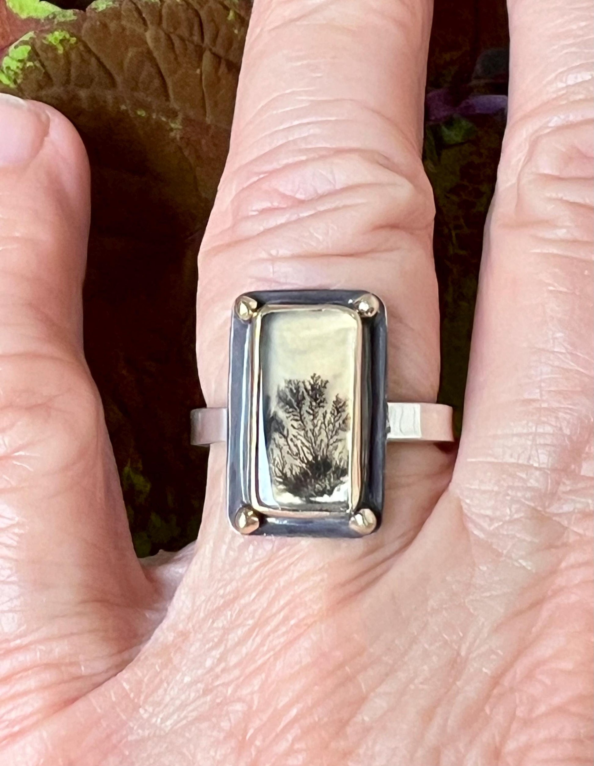 Dendritic Agate Set in 14k Gold with 14k Gold Accents and Sterling Band, OOAK Gemstone Statement ring, Scenic Stone Ring