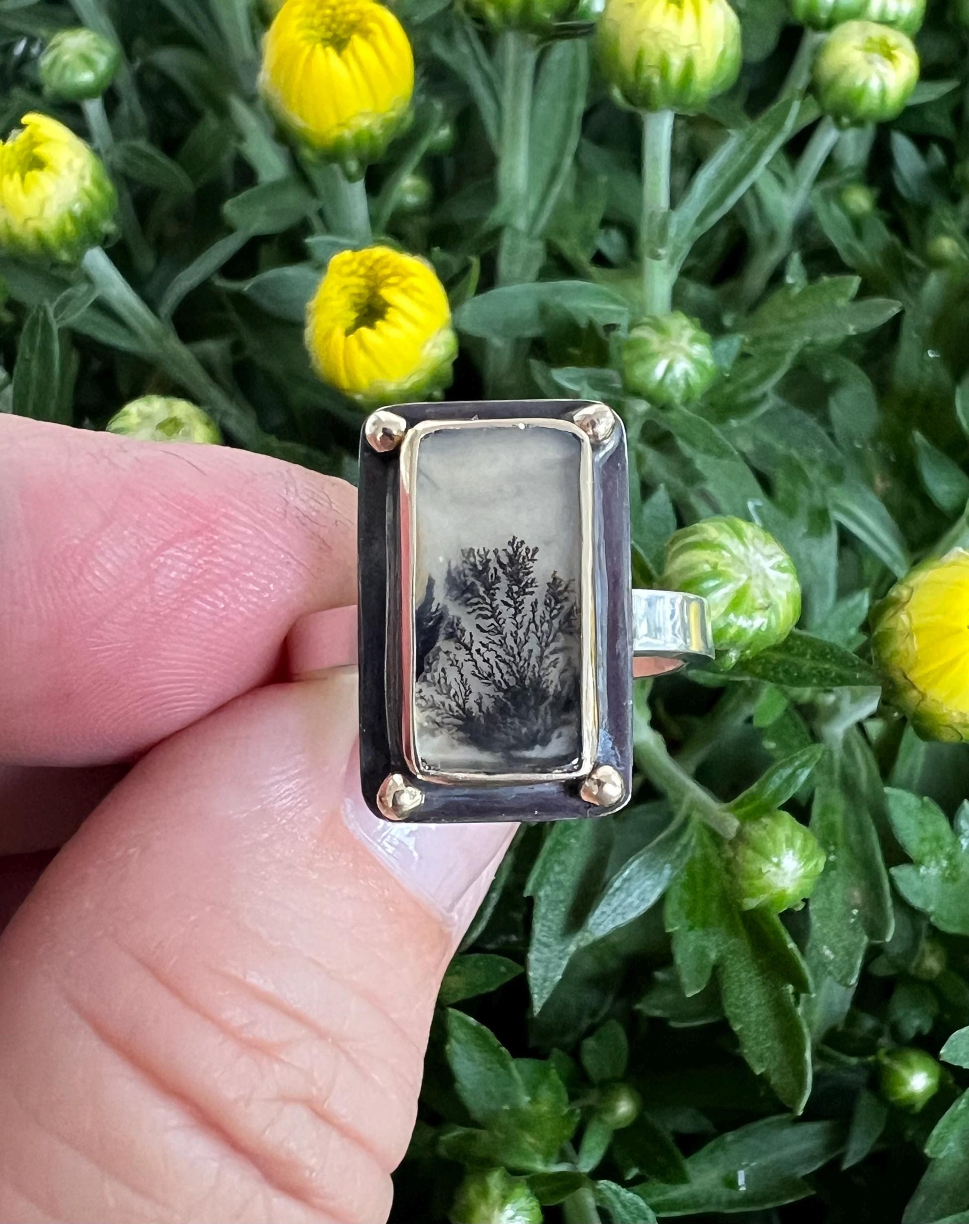 Dendritic Agate Set in 14k Gold with 14k Gold Accents and Sterling Band, OOAK Gemstone Statement ring, Scenic Stone Ring