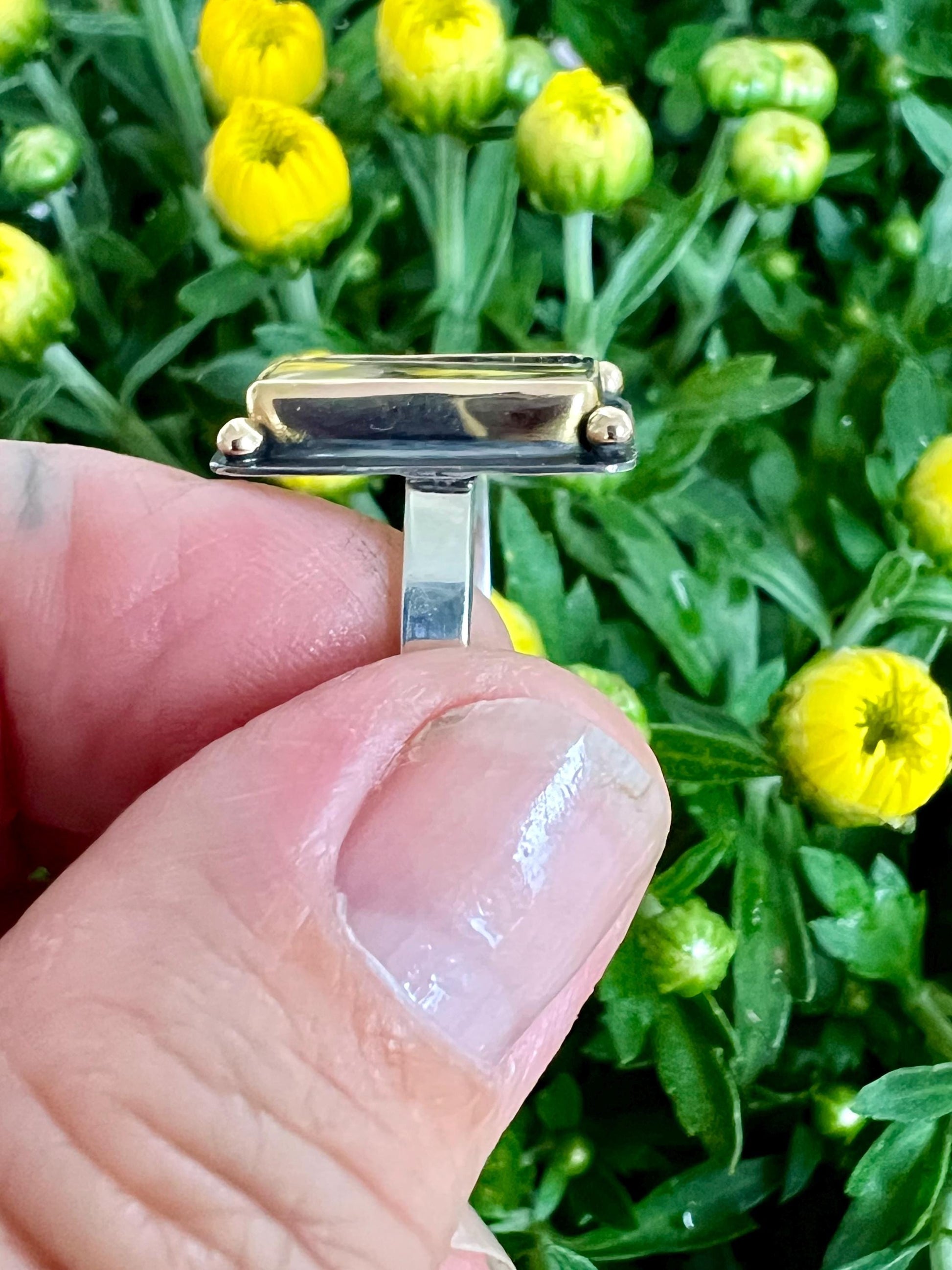 Dendritic Agate Set in 14k Gold with 14k Gold Accents and Sterling Band, OOAK Gemstone Statement ring, Scenic Stone Ring