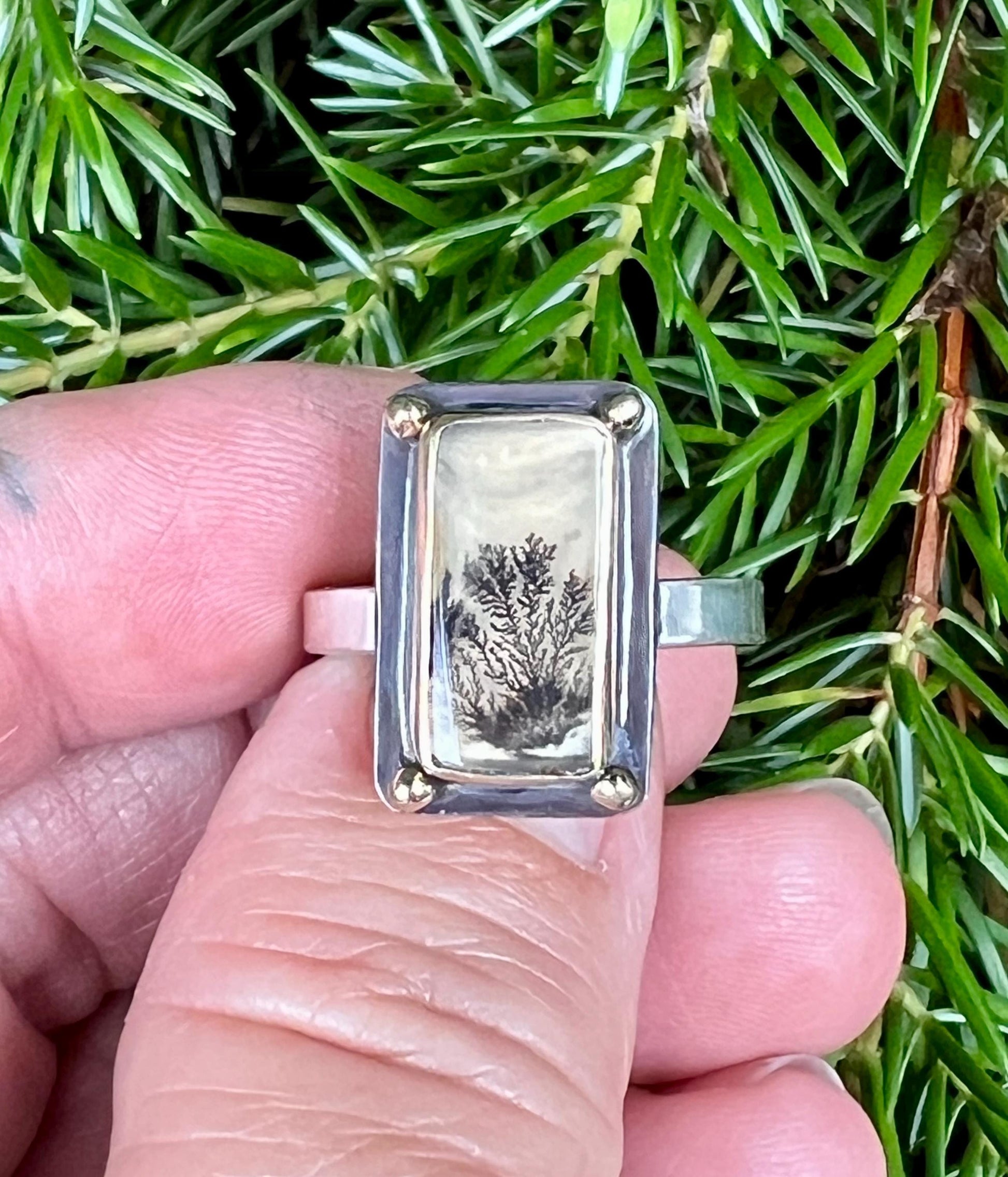 Dendritic Agate Set in 14k Gold with 14k Gold Accents and Sterling Band, OOAK Gemstone Statement ring, Scenic Stone Ring