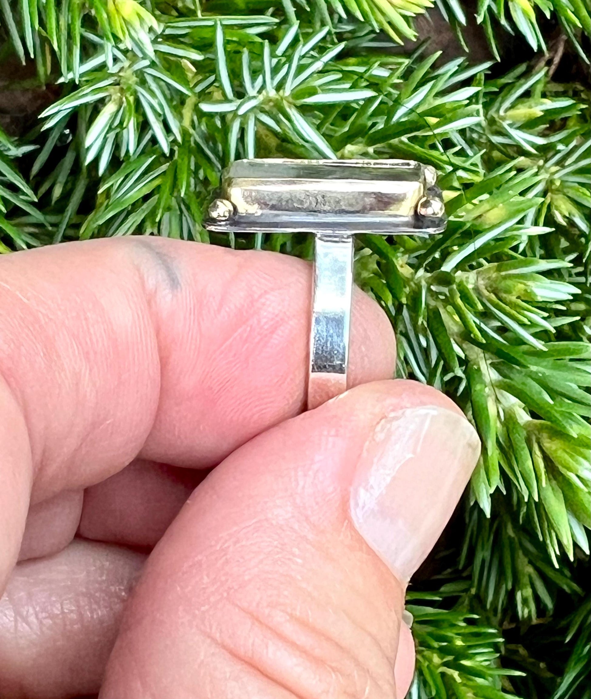 Dendritic Agate Set in 14k Gold with 14k Gold Accents and Sterling Band, OOAK Gemstone Statement ring, Scenic Stone Ring