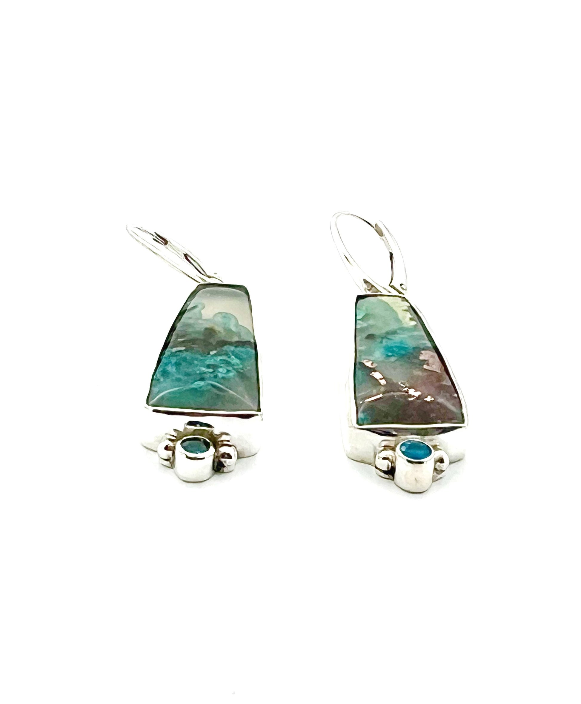 Confetti Chrysocolla and Neon Apatite Earrings in Sterling Silver, Sugar Water Flower Agate OOAK Earrings