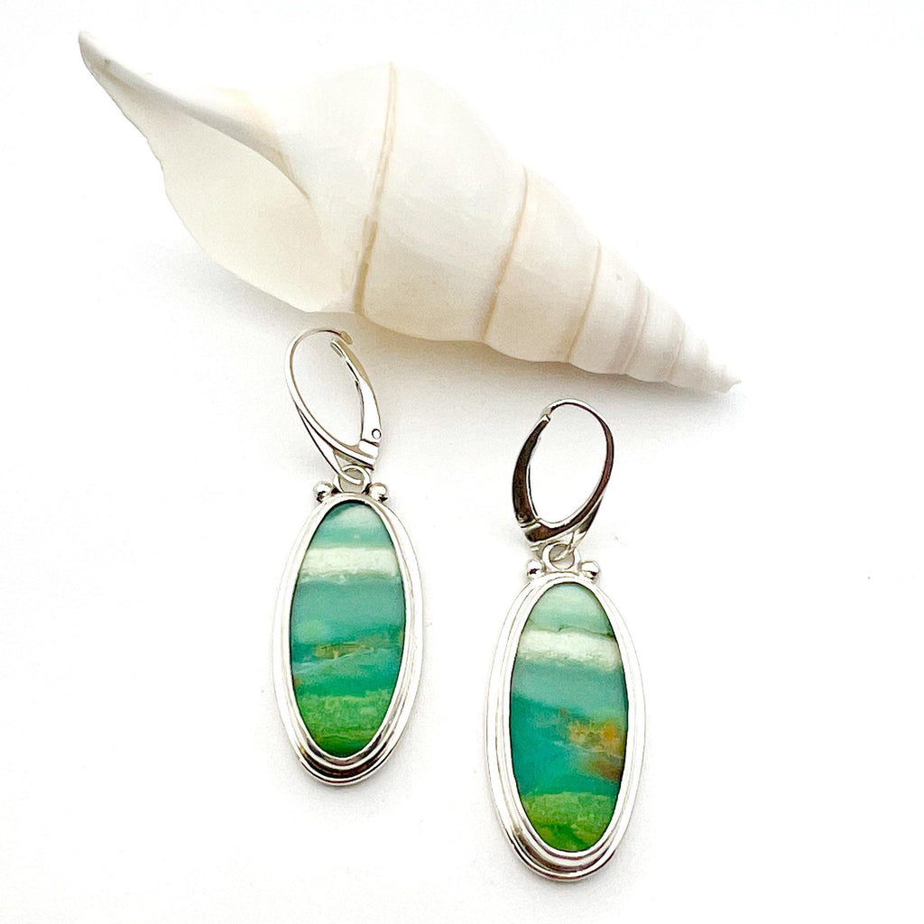 Indonesian Opalized Wood Oval Earrings, Sterling Silver and Natural Blue Green Stones