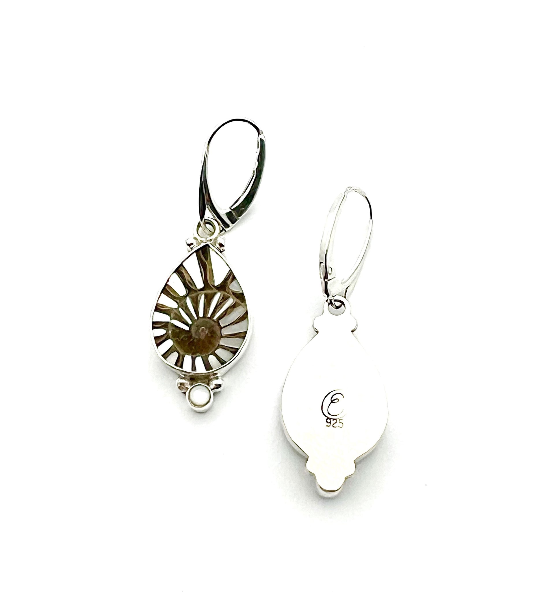 Ammonite fossil earrings, OOAK inlay earrings, Sterling Silver and Mother of Pearl