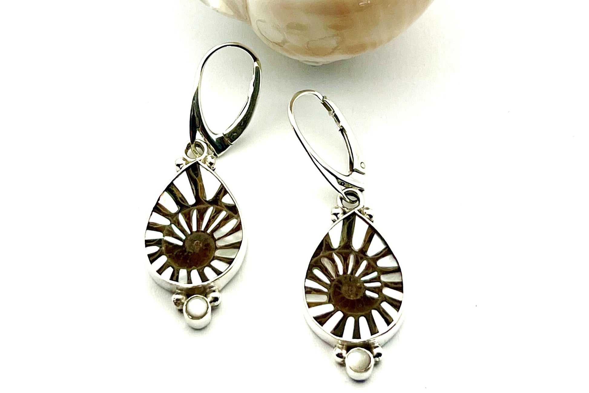 Ammonite fossil earrings, OOAK inlay earrings, Sterling Silver and Mother of Pearl